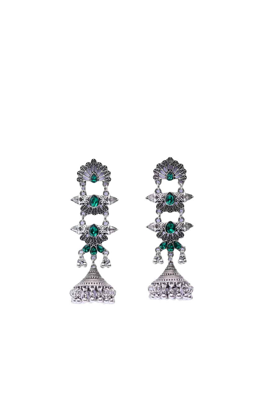 Namokriti Antique Silver Oxidized Jhumka Earrings with Blue Stones – Ethnic & Stylish